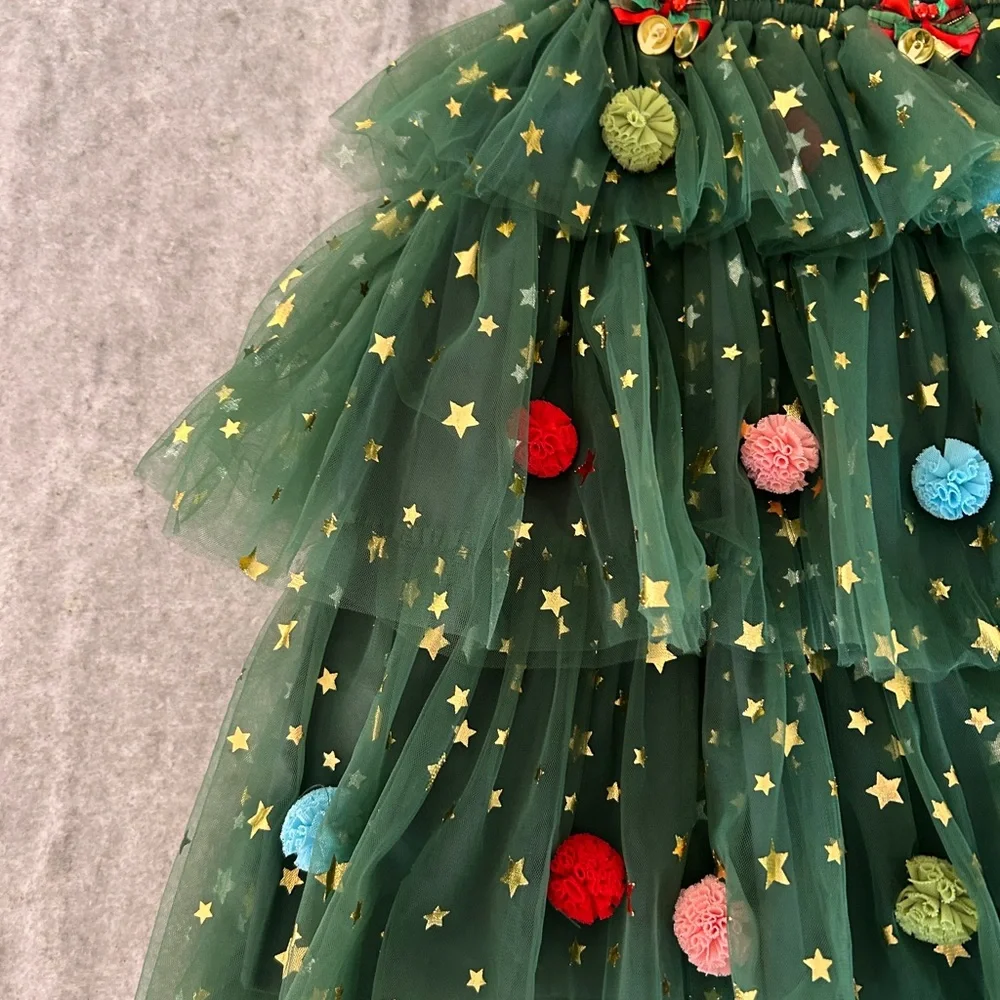 Festive Christmas Tree Costume Dress with Pom-Pom Ornaments
